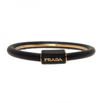 Pre Owned Prada Saffiano Black Leather Cuff Bracelet 18CM
