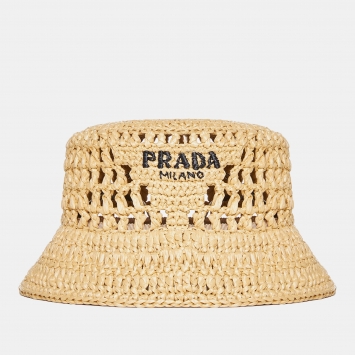 Pre Owned Prada Beige Logo Crochet Raffia Bucket Hat S