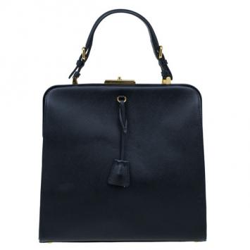 Pre Owned Prada Black Saffiano Leather Framed Top Handle Tote