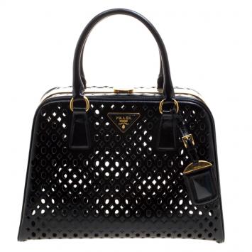 Pre Owned Prada Black Perforated Saffiano Patent Leather Pyramid Double Handle Bag