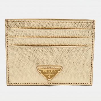 Pre Owned Prada Gold Saffiano Leather Card Holder