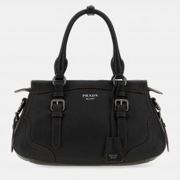 Pre Owned Prada Large Black Leather Buckle Top Handle Bag