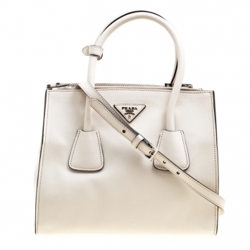 Pre Owned Prada Off White Leather Double Zip Tote