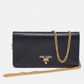 Pre Owned Prada Black Vitello Move Leather Wallet On Chain
