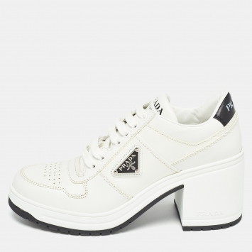 Pre Owned Prada White/Black Leather Block Heel Sneaker Pumps Size 40