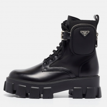 Pre Owned Prada Black Leather Monolith Platform Ankle Boots Size 40