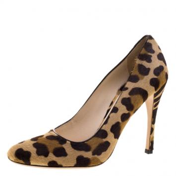 Pre Owned Prada Beige Leopard Print Calfhair Pumps Size 38