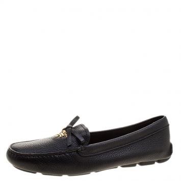 Pre Owned Prada Black Leather Bow Loafers Size 38.5
