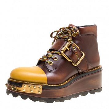 Pre Owned Prada Brown Leather With Rubber Cap Toe Mountain Desert Platform Boots Size 37