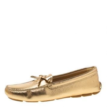 Pre Owned Prada Metallic Gold Leather Bow Detail Loafers Size 38