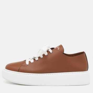 Pre Owned Prada Brown Leather Platform Low Top Sneakers Size 39