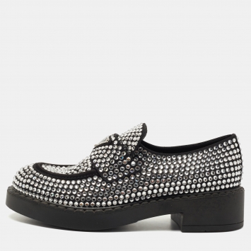 Pre Owned Prada Black Satin Crystals Slip On Loafers Size 38