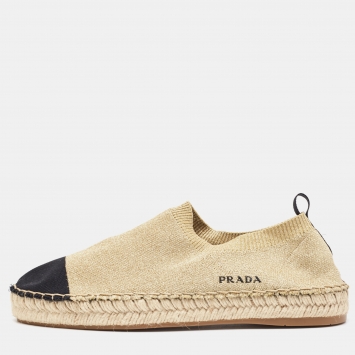 Pre Owned Prada  Gold/Black Lurex Fabric Espadrille Flats Size 39.5