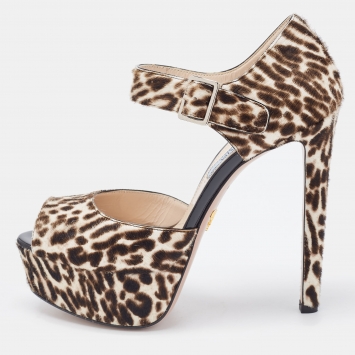 Pre Owned Prada Brown/White Animal Print Calf Hair Platform Ankle Strap Sandals Size 36