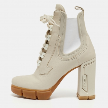 Pre Owned Prada Cream Neoprene and Leather Lace Up Combat Boots Size 38