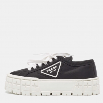 Pre Owned Prada Black Nylon Double Wheel Lace Up Sneakers Size 37