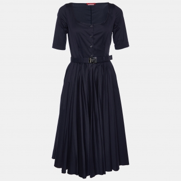 Pre Owned Prada Sport Navy Blue Stretch Poplin Gathered Midi Dress S