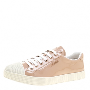 Pre Owned Prada Sport Beige Patent Leather Low Top Sneakers Size 36
