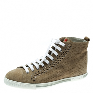 مملوكة مسبقًا Prada Sport Beige Suede Eyelet Detail High Top Sneakers Size 37