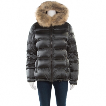 Pre Owned Prada Sport Grey Quilted Fox Fur Hooded Zip Front Down Jacket S