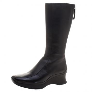 Pre Owned Prada Sport Black Leather Square Toe Mid Calf Boots Size 35