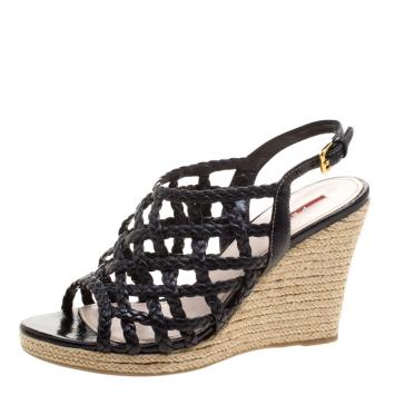 مملوكة مسبقًا Prada Sport Black Braided Leather Espadrille Wedge Slingback Sandals Size 38.5