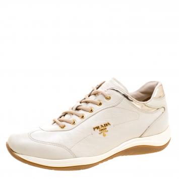 مملوكة مسبقًا Prada Sport Cream Leather Lace Up Sneakers Size 40