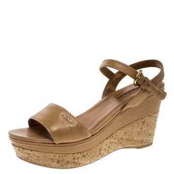 Pre Owned Prada Sport Brown Leather Ankle Strap Cork Wedge Platform Sandals Size 38