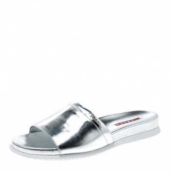 Pre Owned Prada Sport Metallic Silver Leather Slides Size 38