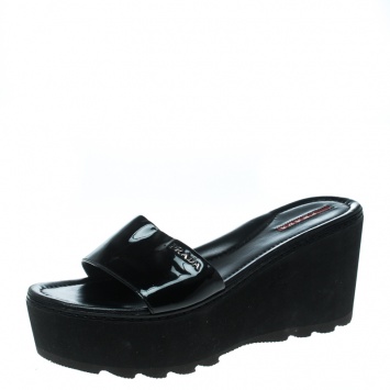 Pre Owned Prada Sport Black Patent Leather Platform Wedge Slides Sandals Size 39