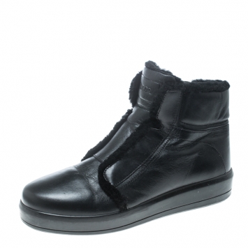 Pre Owned Prada Sport Black Leather Fur Lined Ankle Boots Size 40.5