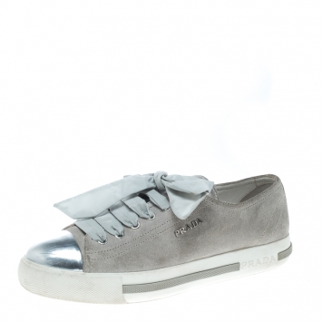 مملوكة مسبقًا Prada Sport Grey/Metallic Silver Suede and Leather Cap Toe Platform Sneakers Size 37.5