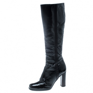Pre Owned Prada Sport Black Crinkled Patent Leather Block Heel Knee Boots Size 36.5