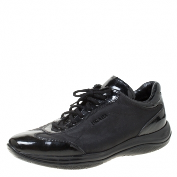مملوكة مسبقًا Prada Sport Black Patent Leather And Fabric Lace Up Sneakers Size 40
