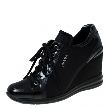 مملوكة مسبقًا Prada Sport Black Nylon and Leather Wedge Sneakers Size 39