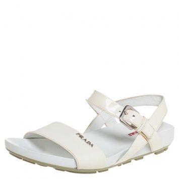 مملوكة مسبقًا Prada Sport Cream Patent Leather Flat Ankle Strap Sandals Size 39
