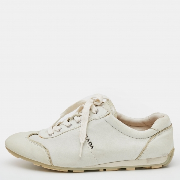 Pre Owned Prada Sport Ivory Leather Logo Low Top Sneakers Size 38