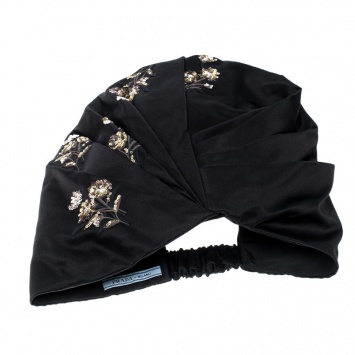 Pre Owned Prada Black Floral Sequin Embroidered Silk Turban