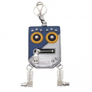 Pre Owned Prada Silver Saffiano Leather Robot Coin Purse Key Chain