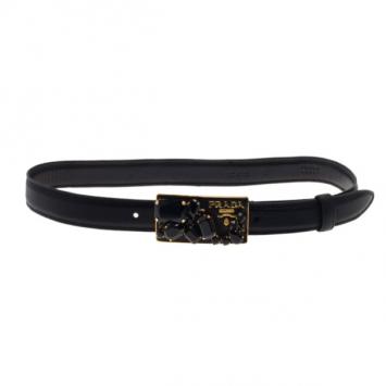 مملوكة مسبقًا Prada Black Saffiano Studded Buckle Belt 75CM