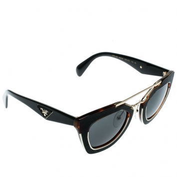 Pre Owned Prada Dark Brown/ Grey Leather Accent SPR14S Geometric Sunglasses
