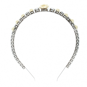 Pre Owned Prada Cream Resin Flower & Crystal Silver Tone Head Band 