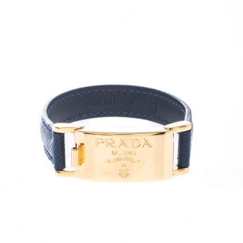 Pre Owned Prada Navy Blue Leather Gold Tone Bracelet