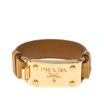Pre Owned Prada Yellow Ostrich Leather Gold Tone Bracelet 17 cm