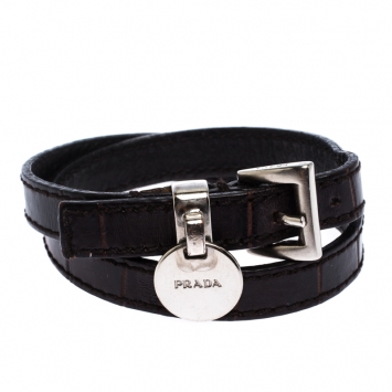Pre Owned Prada Brown Leather Silver Tone Double Wrap Bracelet