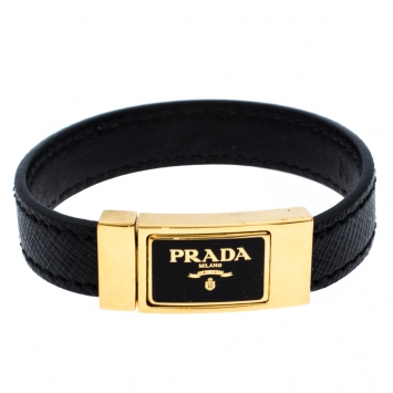 Pre Owned Prada Black Saffiano Leather Signature Logo Cuff Bracelet M