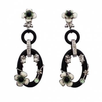 Pre Owned Prada Flower Power Black Plexiglass Crystal Floral Bedecked Link Long Earrings