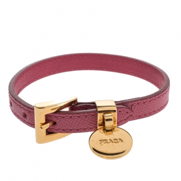 Pre Owned Prada Pink Saffiano Leather Gold Tone Logo Charm Bracelet 