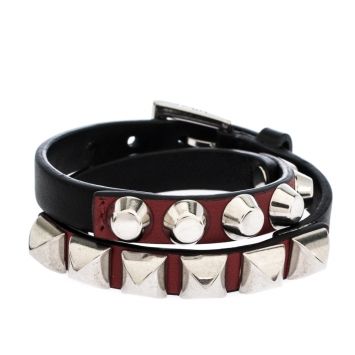 Pre Owned Prada Black Leather Studded Silver Tone Double Wrap Bracelet S