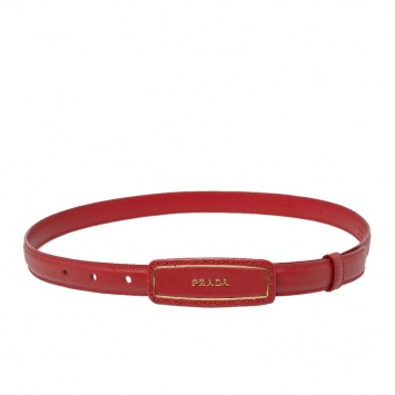 مملوكة مسبقًا Prada Red Saffiano Leather Logo Plaque Slim Belt 80CM